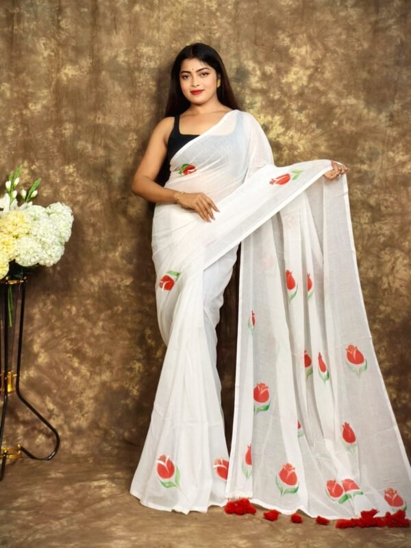 White Printed Mul Mul Cotton Saree Soft & Comfort
