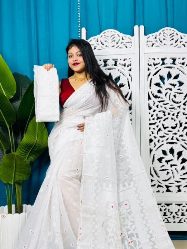 White Soft Sunflower Jamdani Sari With Blouse Piece