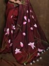 Wine Floral Design Mul Cotton Sari With Blouse Piece