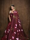 Wine Floral Design Mul Cotton Sari With Blouse Piece