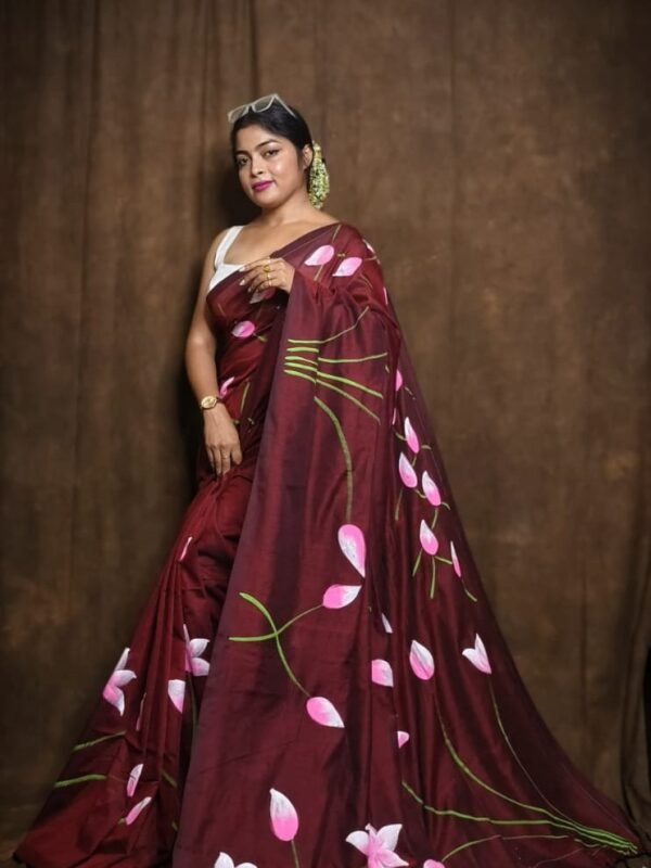 Wine Floral Design Mul Cotton Sari With Blouse Piece