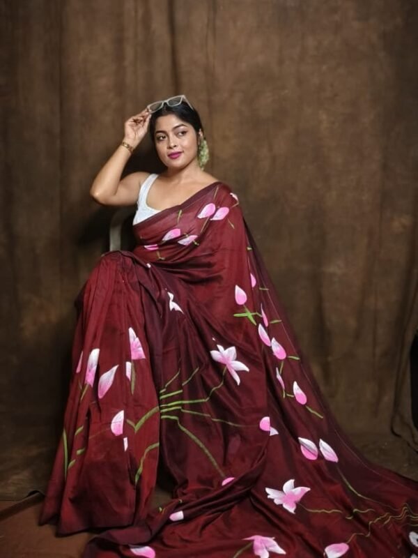 Wine Floral Design Mul Cotton Sari With Blouse Piece