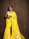 Yellow Floral Design Mul Cotton Sari With Blouse Piece