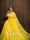 Yellow Floral Design Mul Cotton Sari With Blouse Piece