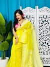 Yellow Lemon Soft Sunflower Jamdani Sari With Blouse Piece