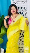 Yellow Lemon Soft Sunflower Jamdani Sari With Blouse Piece