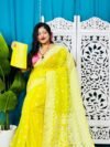 Yellow Lemon Soft Sunflower Jamdani Sari With Blouse Piece