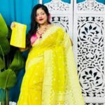 Yellow Lemon Soft Sunflower Jamdani Sari With Blouse Piece