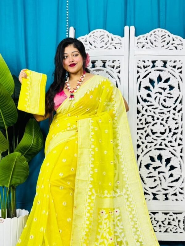 Yellow Lemon Soft Sunflower Jamdani Sari With Blouse Piece