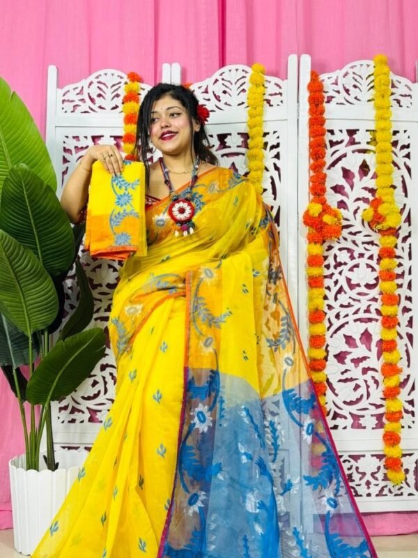 Yellow Soft Lota Pata Jamdani Sari With Blouse Piece