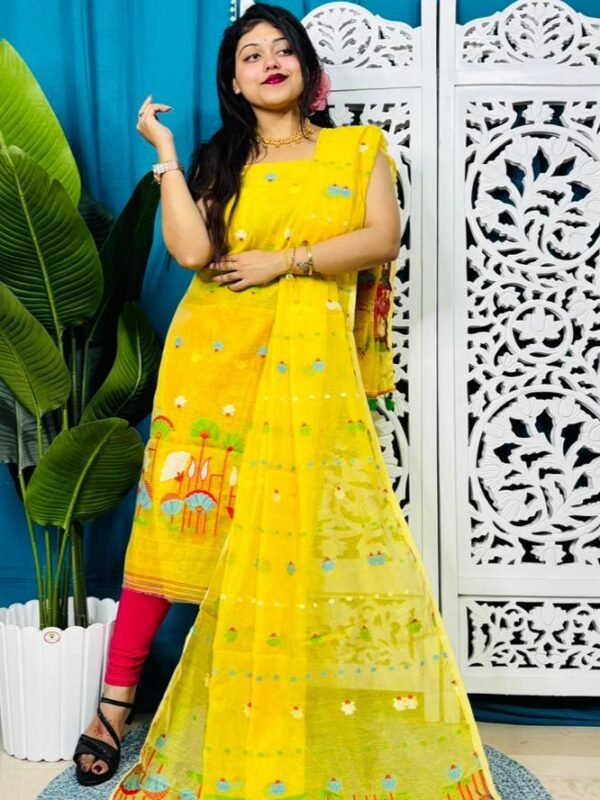 Unstitched Soft 2 Piece Jamdani Churidar - Yellow