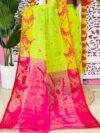 Yellowish Green Soft Lota Pata Jamdani Sari With Blouse Piece