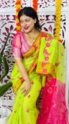 Yellowish Green Soft Lota Pata Jamdani Sari With Blouse Piece