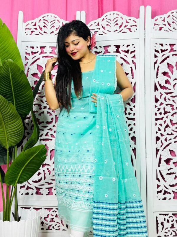 Jamdani 2 Piece Soft Unstitched Churidar Set - Aqua