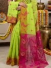 Sunflower Dhakai Jamdani Sari with Blouse Piece - Avocado Green