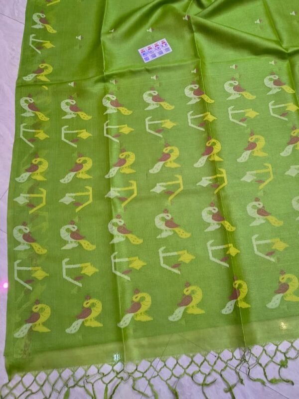 Pure Gachi Tussar By Tussar Handloom Dhakai Jamdani Sari with Blouse Piece - Avocado Green