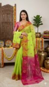 Sunflower Dhakai Jamdani Sari with Blouse Piece - Avocado Green