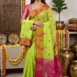 Sunflower Dhakai Jamdani Sari with Blouse Piece - Avocado Green