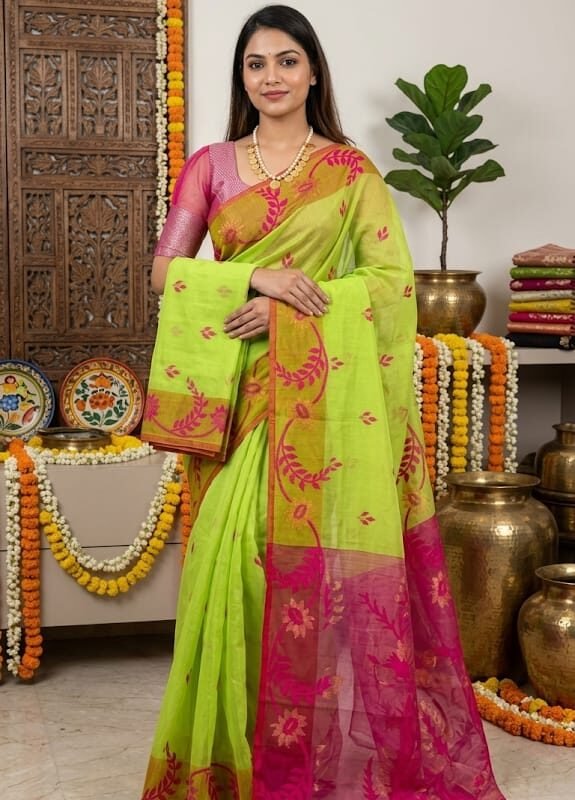 Sunflower Dhakai Jamdani Sari with Blouse Piece - Avocado Green