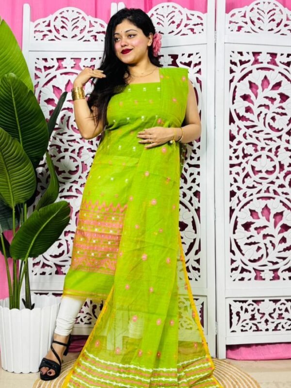Jamdani 2 Piece Soft Unstitched Churidar Set - Avocado Green