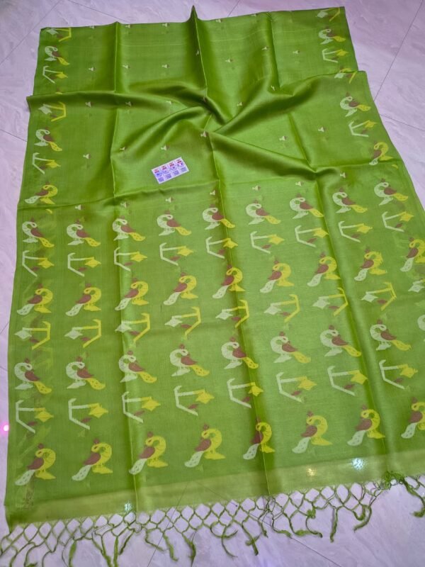 Pure Tussar By Tussar Handloom Dhakai Jamdani Sari with Blouse Piece - Avocado Green