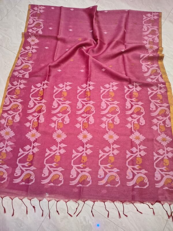 Exclusive Silk Linen Jamdani Sari with Blouse Piece - Bashful Pink
