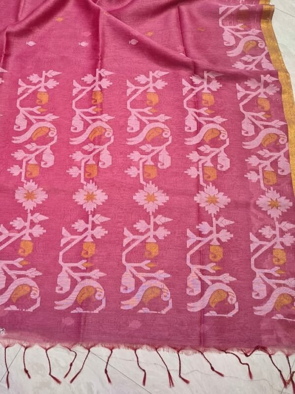 Exclusive Silk Linen Jamdani Sari with Blouse Piece - Bashful Pink