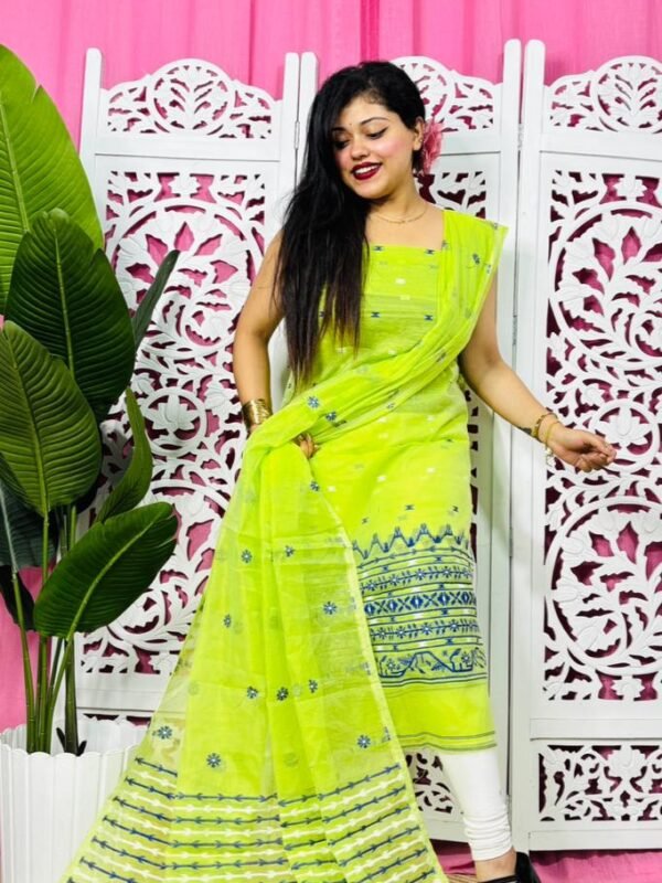 Jamdani 2 Piece Soft Unstitched Churidar Set - Bitter Lemon