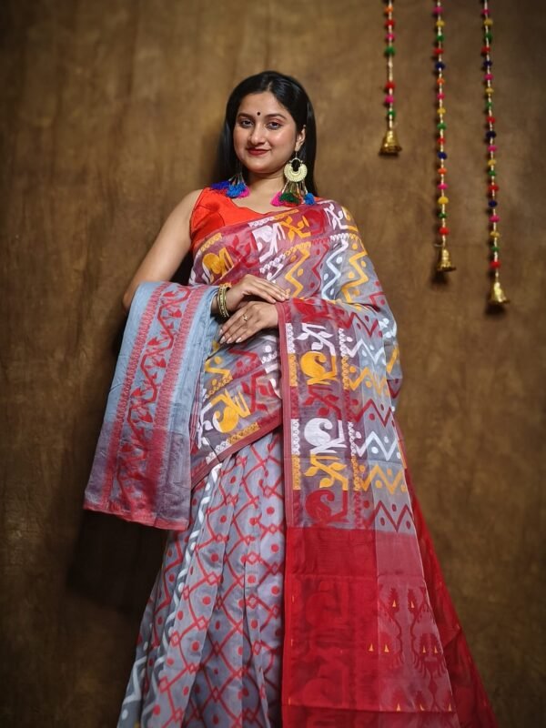 Hazar Buti Dhakai Jamdani Saree with Blouse Piece - Cadet Grey