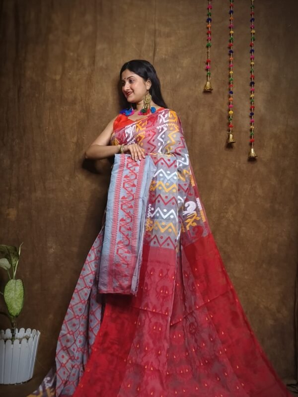 Hazar Buti Dhakai Jamdani Saree with Blouse Piece - Cadet Grey