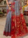 Sunflower Dhakai Jamdani Sari with Blouse Piece - Carbon Grey