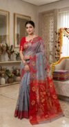 Sunflower Dhakai Jamdani Sari with Blouse Piece - Carbon Grey