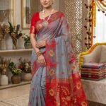 Sunflower Dhakai Jamdani Sari with Blouse Piece - Carbon Grey
