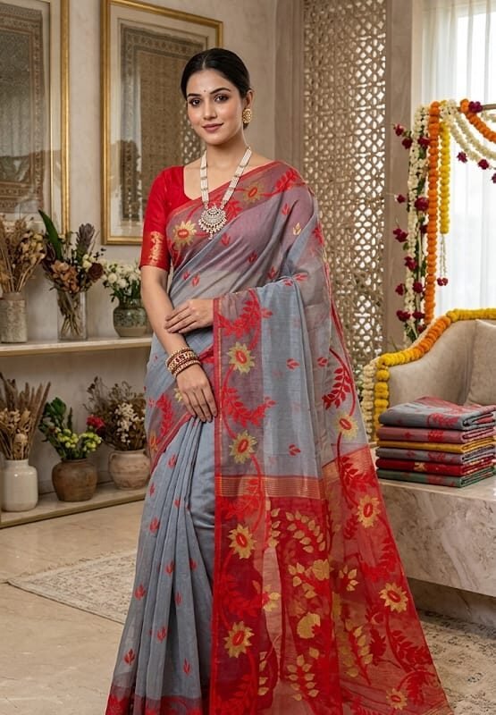 Sunflower Dhakai Jamdani Sari with Blouse Piece - Carbon Grey
