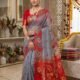 Sunflower Dhakai Jamdani Sari with Blouse Piece - Carbon Grey