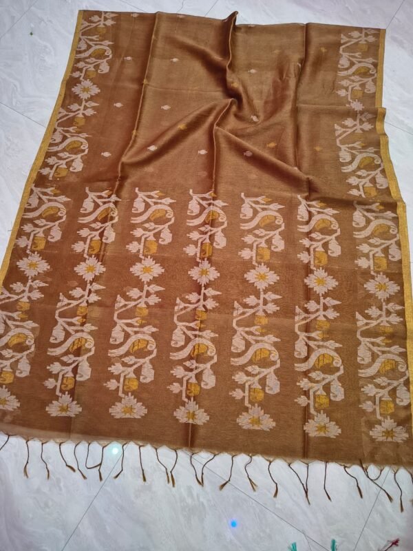 Exclusive Silk Linen Jamdani Sari with Blouse Piece - Coffee