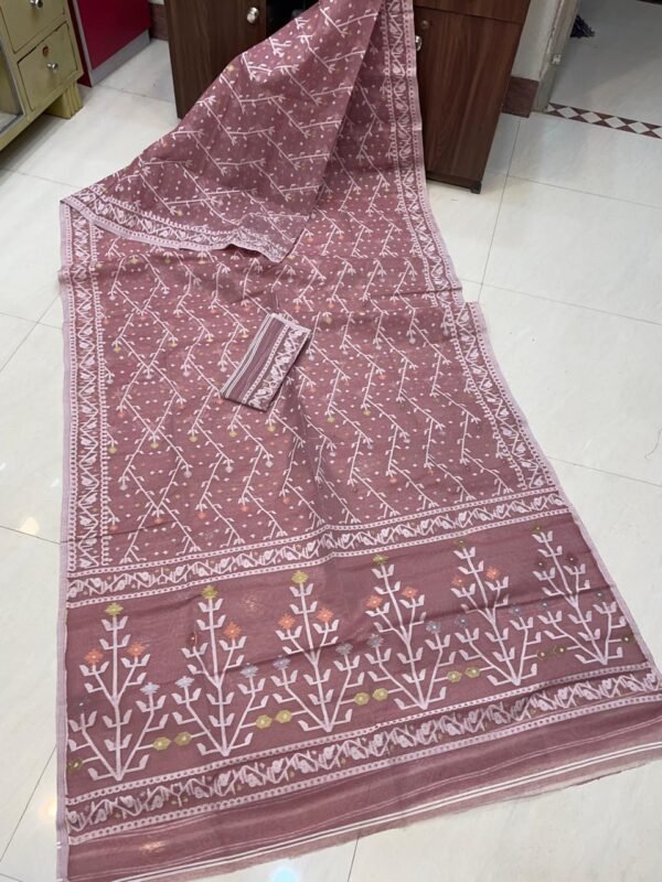 Shiuli Dhakai Jamdani Sari with Blouse Piece - Copper Rose