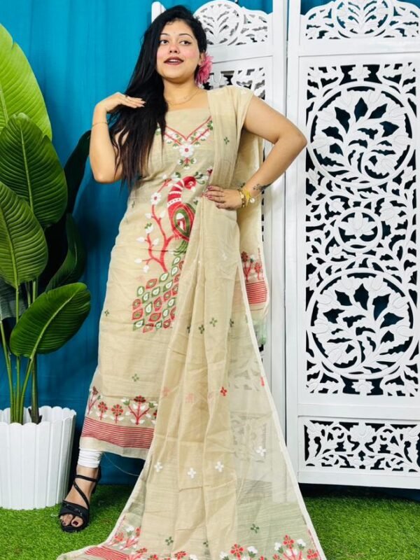 Unstitched Soft 2 Piece Jamdani Churidar - Cream