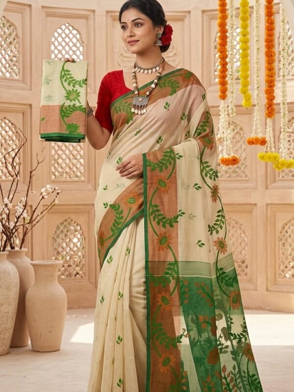 Sunflower Dhakai Jamdani Sari with Blouse Piece - Cream