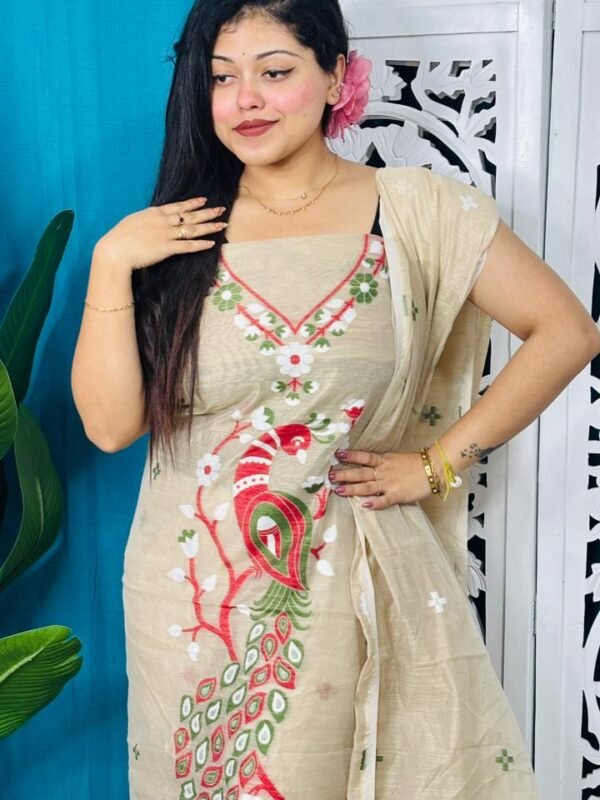 Unstitched Soft 2 Piece Jamdani Churidar - Cream