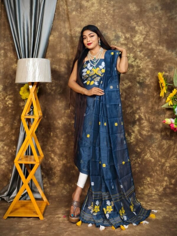 Jamdani 2 Piece Soft Unstitched Churidar Set - Dark Denim