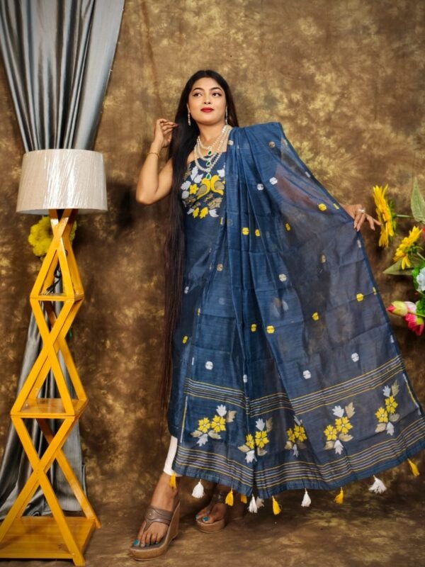 Jamdani 2 Piece Soft Unstitched Churidar Set - Dark Denim