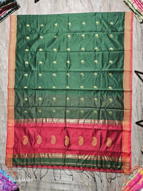 Maheshwari Design Dark Green Cotton Silk Handloom Saree with Blouse Piece