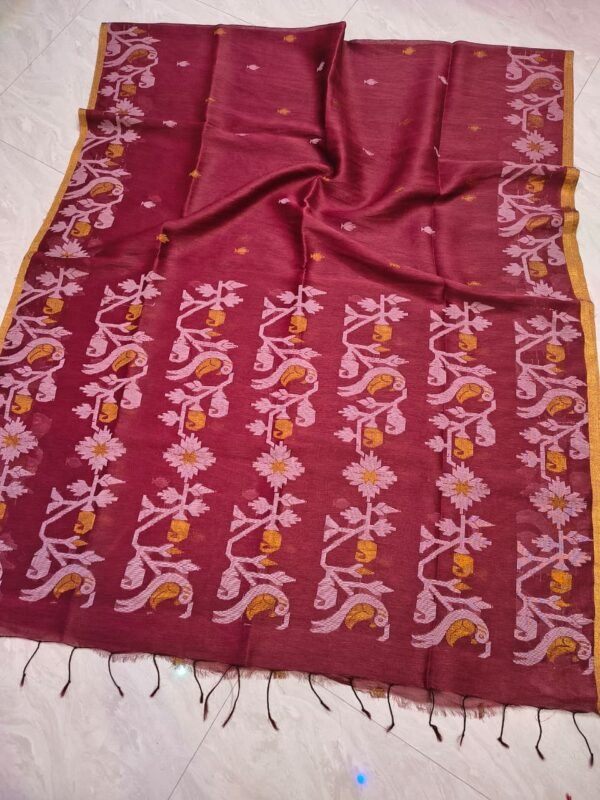 Exclusive Silk Linen Jamdani Sari with Blouse Piece - Dark Rose