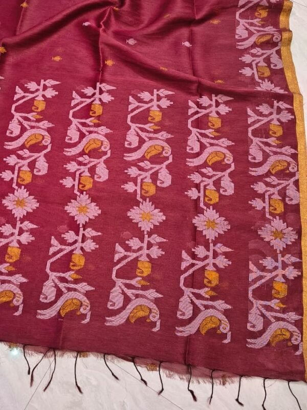 Exclusive Silk Linen Jamdani Sari with Blouse Piece - Dark Rose