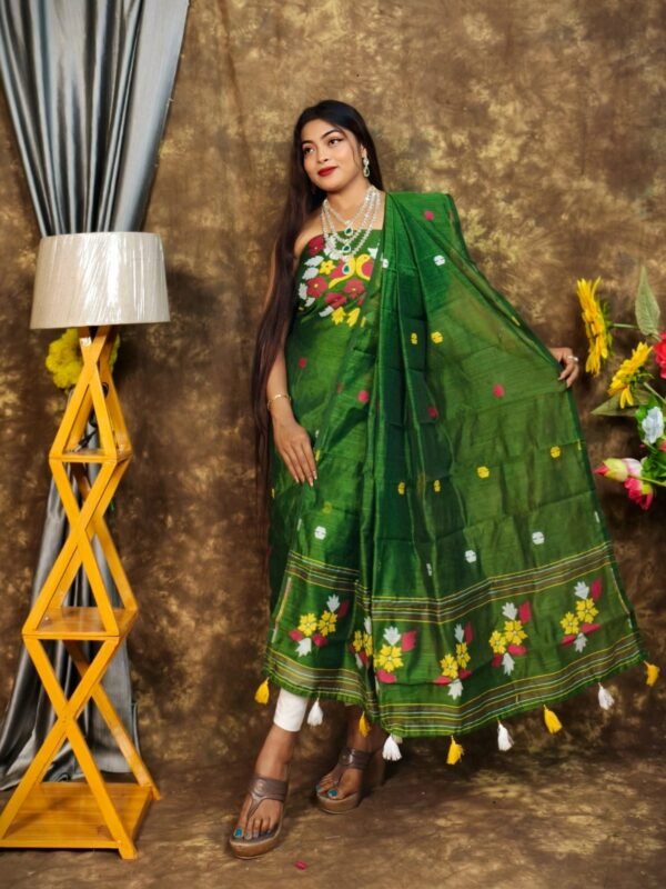Jamdani 2 Piece Soft Unstitched Churidar Set - Deep Green
