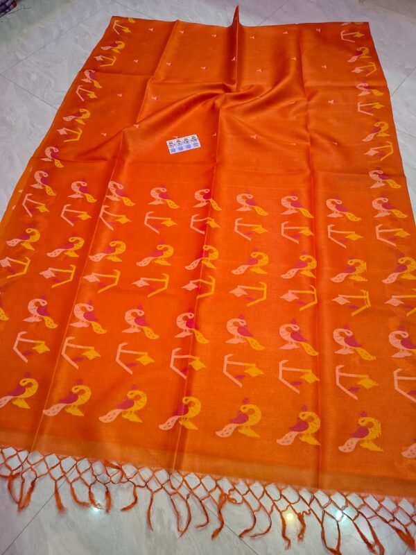 Pure Gachi Tussar By Tussar Handloom Dhakai Jamdani Sari with Blouse Piece - Deep Orange