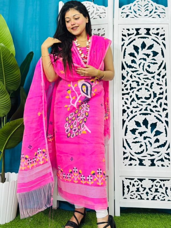 Unstitched Soft 2 Piece Jamdani Churidar - Deep Pink