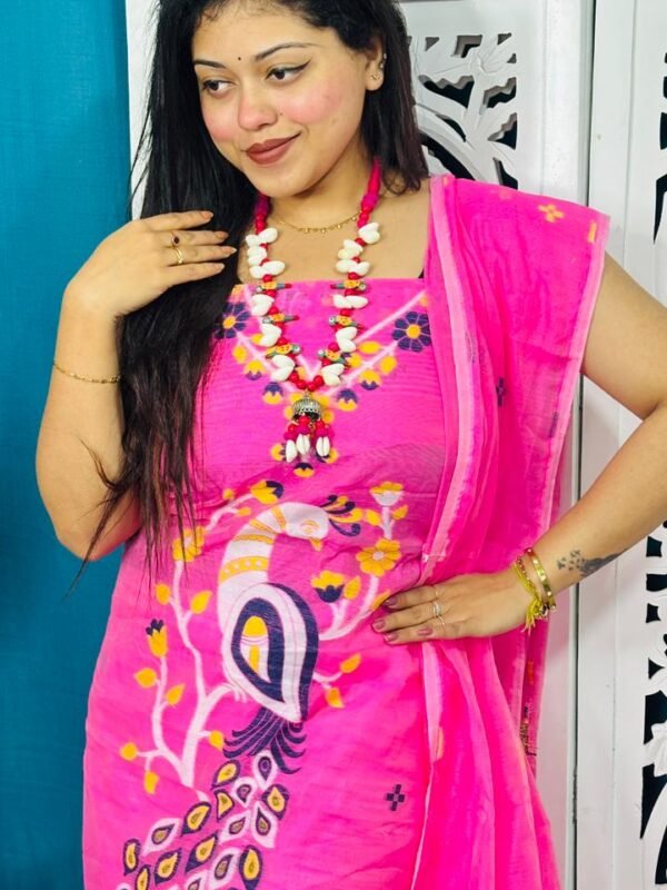 Unstitched Soft 2 Piece Jamdani Churidar - Deep Pink