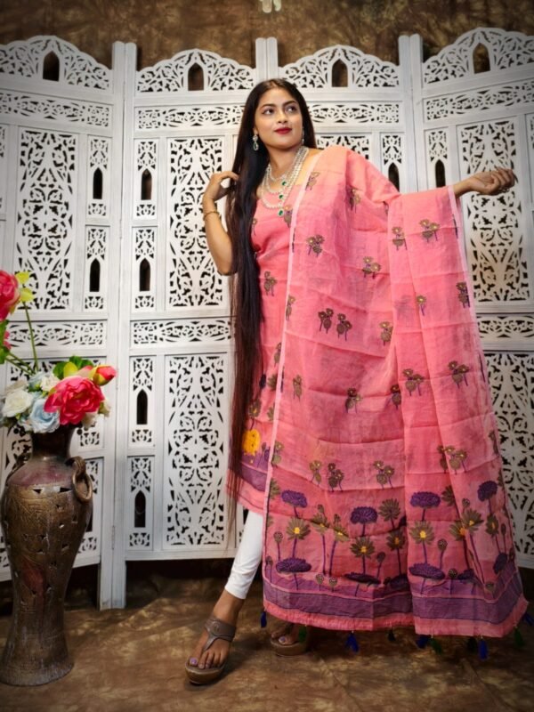 2 Piece Unstitched Soft Jamdani Churidar Set - Deep Rose